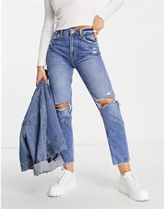 Голубые джинсы в винтажном стиле со рваной отделкой Bershka