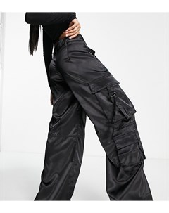 Атласные брюки карго черного цвета с карманами Petite Bershka