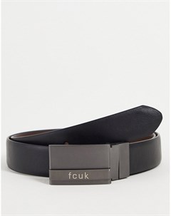 Двусторонний кожаный ремень черного и коричневого цвета с плоской пряжкой и принтом FCUK French connection
