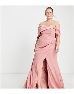 Атласное платье макси пепельно розового цвета с открытыми плечами драпировкой и запахом Curve Asos edition
