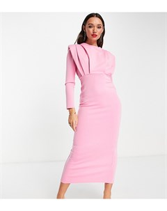 Платье миди со складками длинными рукавами и высокой горловиной ярко розового цвета Asos design
