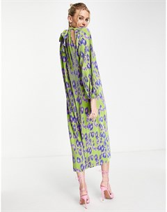 Ярко зеленое плиссированное платье макси с высоким воротом и цветочным принтом Asos design