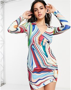 Платье рубашка с драпировкой и разноцветным голографическим принтом Bershka