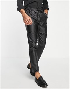 Черные прямые брюки из искусственной кожи с декоративными швами Topman