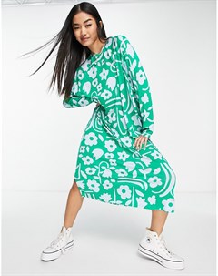 Платье миди из экологичной вискозы Ecovero с цветочным принтом зеленого цвета Monki