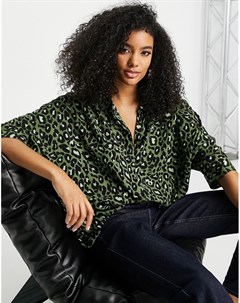 Зеленая oversized рубашка с длинными рукавами и леопардовым принтом Asos design