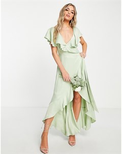 Шалфейно зеленое атласное платье для подружки невесты из переработанного материала с запахом и оборк Topshop