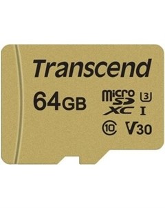 Карта памяти 64GB microSDXC Class 10 UHS I U3 V30 R95 W60MB s with adapter TS64GUSD500S Transcend