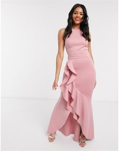 Платье макси нежно розового цвета с горловиной халтер и оборками Lipsy