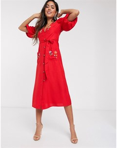 Красное чайное платье миди на пуговицах с объемными рукавами и вышивкой Asos design