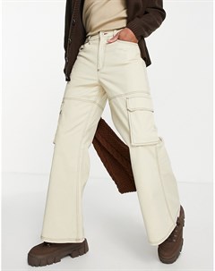 Бежевые сильно расклешенные брюки карго с контрастной строчкой Asos design