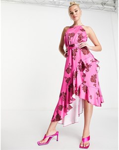 Платье миди ярко розового цвета с цветочным принтом запахом оборками и завязкой Style cheat