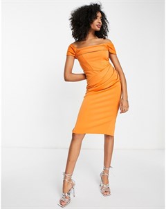 Платье футляр миди выгоревшего оранжевого цвета с корсетным дизайном драпировкой и открытыми плечами Asos design