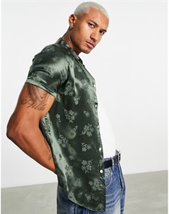 Зеленая атласная рубашка стандартного кроя с жаккардовым цветочным рисунком Asos design