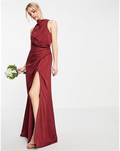 Платье макси винного цвета с высоким воротом и драпировкой на юбке Bridesmaid Asos design