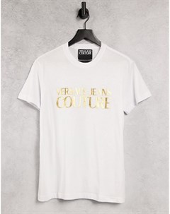 Белая футболка с золотистым логотипом на груди Versace jeans couture