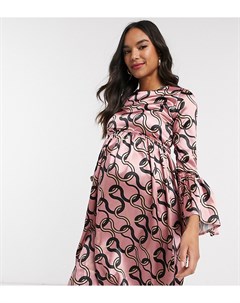 Розовое короткое приталенное платье с принтом и рукавами клеш Maternity Queen bee