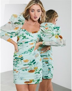 Зеленое платье мини со сборками и цветочным принтом Asos edition