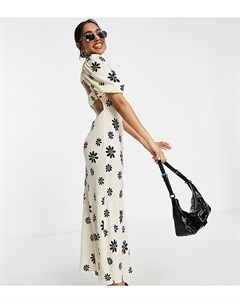 Платье миди с квадратным вырезом эластичными вставками и цветочным принтом кремового и черного цвето Asos petite