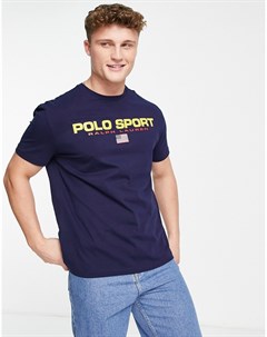 Темно синяя футболка с принтом на груди из капсульной коллекции Sports Polo ralph lauren