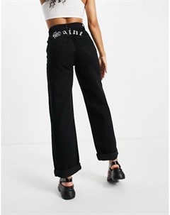 Черные выбеленные oversized джинсы в винтажном стиле с декорированной стразами надписью Saint One Topshop