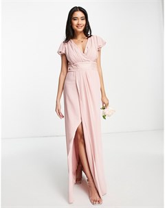 Пыльно розовое платье макси с V образным вырезом и расклешенными рукавами Вridesmaid Ariana Tfnc