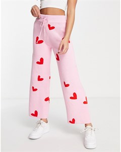 Розовые вязаные джоггеры с широкими штанинами и принтом сердец от комплекта Style cheat