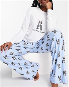 Длинный пижамный комплект голубого цвета с принтом французского бульдога Loungeable