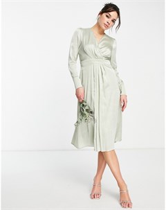 Атласное платье шалфейно зеленого цвета с запахом и длинными рукавами Bridesmaid Tfnc