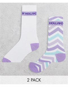Набор из двух пар носков сиреневого и белого цвета с зигзагообразным узором и в стиле колор блок House of holland