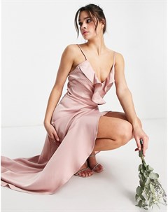 Атласное платье пыльно розового цвета с запахом Bridesmaid Tfnc