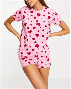 Пижамный комплект с шортами и принтом с сердечками розового и красного цветов Threadbare
