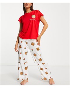 Пижамный комплект с брюками из вафельного трикотажа белого и красного цветов Loungeable