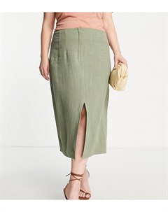 Льняная юбка карандаш миди цвета хаки с разрезом Curve Asos design