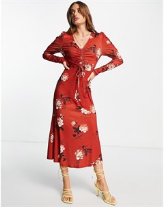 Красное платье миди со сборками спереди и цветочным принтом River island