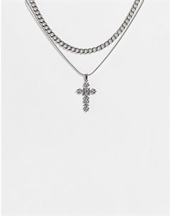 Серебристое ожерелье цепочка с массивными звеньями и с крестиком со вставками Topshop