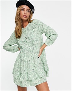 Зеленое чайное платье мини с ярусной юбкой и принтом ромашек Edited