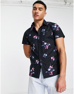 Черная рубашка узкого кроя с короткими рукавами и цветочным принтом Hollister