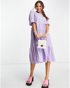 Платье миди с присборенной юбкой розового и фиолетового цвета в клетку Vero moda
