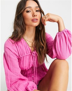 Розовая блузка на пуговицах из натуральной жатой ткани с длинными рукавами и завязкой спереди Asos design
