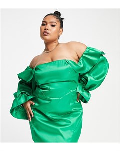 Ярко зеленое атласное облегающее платье с открытыми плечами и объемными рукавами Curve Asos luxe