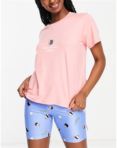 Пижамный комплект с шортами леггинсами персикового и голубого цвета с принтом суши Loungeable
