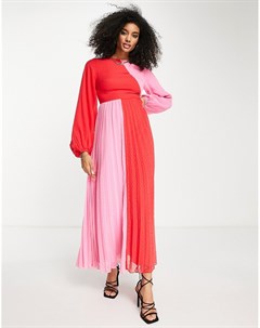 Красно розовое плиссированное платье макси в стиле колор блок Asos design