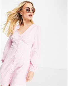 Розовое платье мини с V образным вырезом пуговицами спереди и мелким цветочным принтом Glamorous