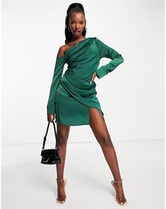 Атласное платье мини зеленого цвета на одно плечо и драпировкой Asos design