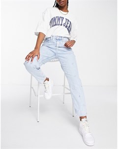 Голубые выбеленные джинсы с завышенной талией в винтажном стиле с логотипом по всей поверхности Tommy jeans