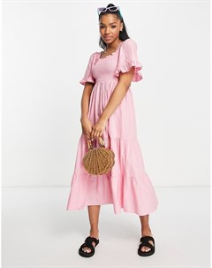 Розовое ярусное платье миди с присборенной отделкой Monki