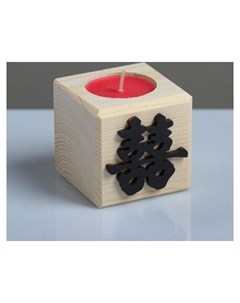 Свеча в деревянном подсвечнике с ароматом вишни Куб Иероглифы Счастье Nnb