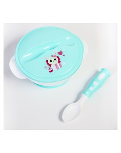 Набор детской посуды Зайчик 3 предмета тарелка на присоске крышка ложка цвет бирюзовый Mumbaby
