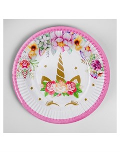 Тарелка бумажная Единорог и цветы набор 6 шт цвет розовый Страна карнавалия